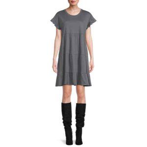 Slate Grey XL Time and Tru Women's Flutter Sleeve Knee Length Tiered Dress